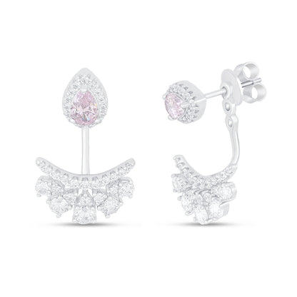 Sterling Silver 925 Earring Rhodium Plated Embedded With Pink Zircon And White Zircon