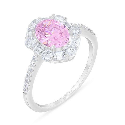 Sterling Silver 925 Ring Rhodium Plated Embedded With Pink Zircon And White Zircon