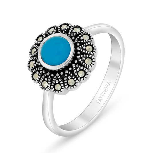 Sterling Silver 925 Ring Embedded With Natural Processed Turquoise And Marcasite Stones