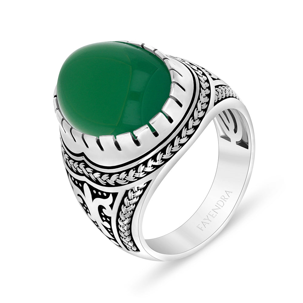 Sterling Silver 925 Ring Rhodium And Black Plated Embedded With Cabochon Green Agate For Men