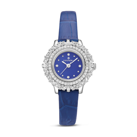 Stainless Steel 316 Watch Silver Color Blue Leather Embedded With White Zircon - BLUE MOP DIAL