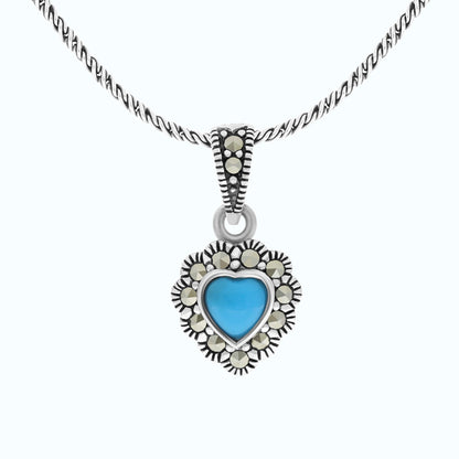 Sterling Silver 925 Pendant Embedded With Natural Processed Turquoise And Marcasite Stones