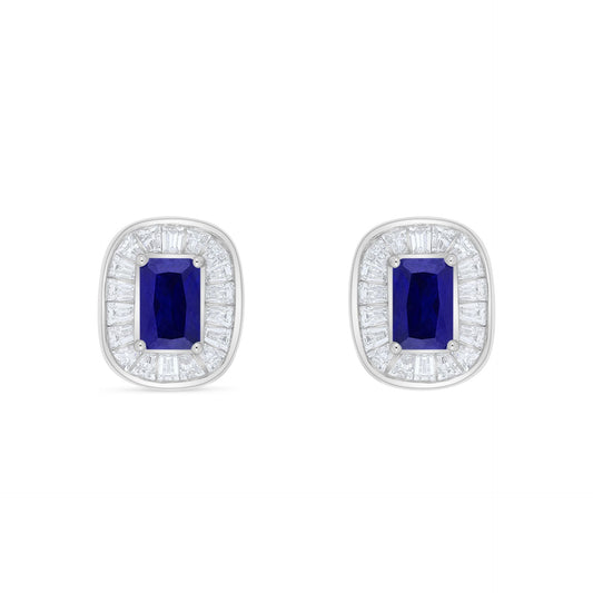Sterling Silver 925 Earring Rhodium Plated Embedded With Sapphire Corundum And White Zircon