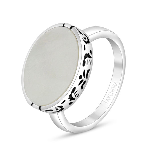 Sterling Silver 925 Ring Rhodium And Black Plated Embedded With White Shell For Men