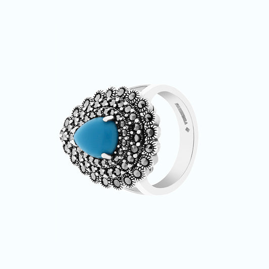 Sterling Silver 925 Ring Embedded With Natural Processed Turquoise And Marcasite Stones