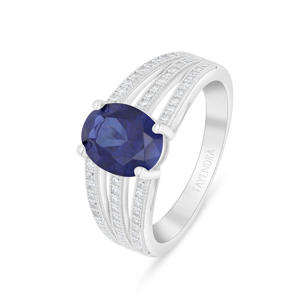 خاتم من الفضة الخالصة عيار 925 مطلي روديوم مرصع زفير كروندوم و فص ابيض