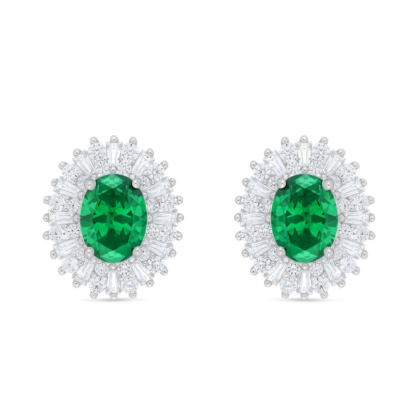 Sterling Silver 925 Earring Rhodium Plated Embedded With Emerald Zircon And White Zircon