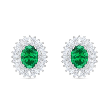Sterling Silver 925 Earring Rhodium Plated Embedded With Emerald Zircon And White Zircon