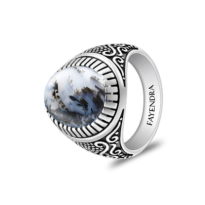 Sterling Silver 925 Ring Rhodium And Black Plated Embedded With Cabochon Natural Agate For Men