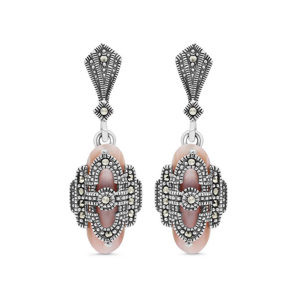 Sterling Silver 925 Earring Embedded With Natural Pink Shell And Marcasite Stones