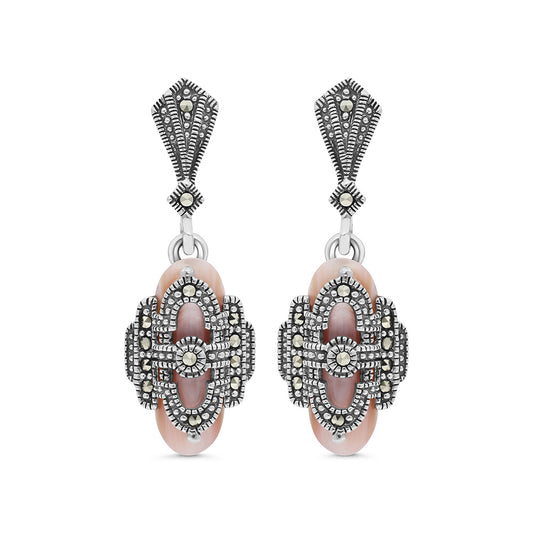 Sterling Silver 925 Earring Embedded With Natural Pink Shell And Marcasite Stones