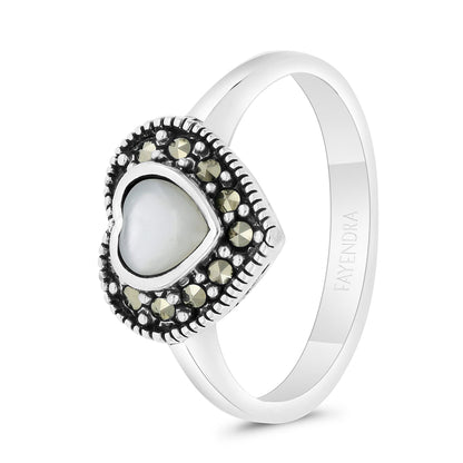 Sterling Silver 925 Ring Embedded With Natural White Shell And Marcasite Stones