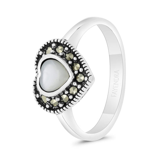 Sterling Silver 925 Ring Embedded With Natural White Shell And Marcasite Stones