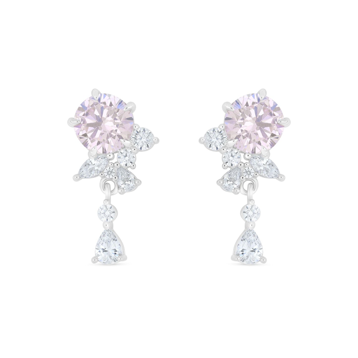 Sterling Silver 925 Earring Rhodium Plated Embedded With pink Zircon And White Zircon