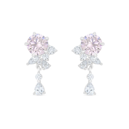 Sterling Silver 925 Earring Rhodium Plated Embedded With pink Zircon And White Zircon