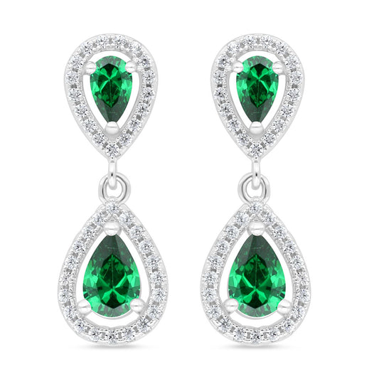 Sterling Silver 925 Earring Rhodium Plated Embedded With Emerald Zircon And White Zircon
