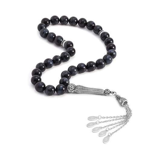 Blue Tiger Eye Rosary 33 Round Bead 10 MM With Stainless Steel 316L Set (Silver & Black Plated)