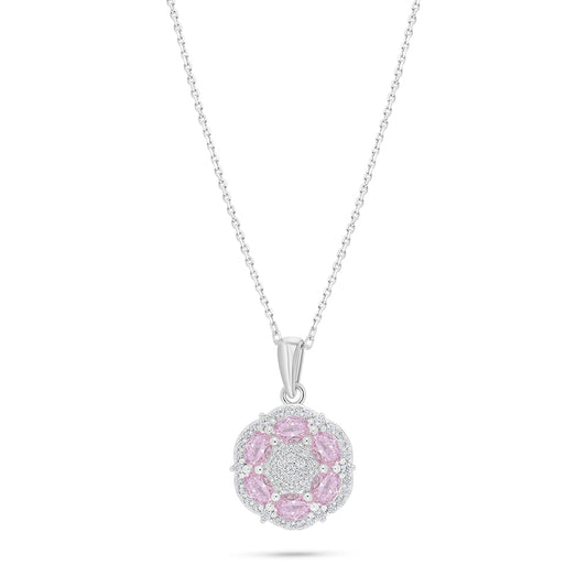 Sterling Silver 925 Necklace Rhodium Plated Embedded With pink Zircon And White Zircon