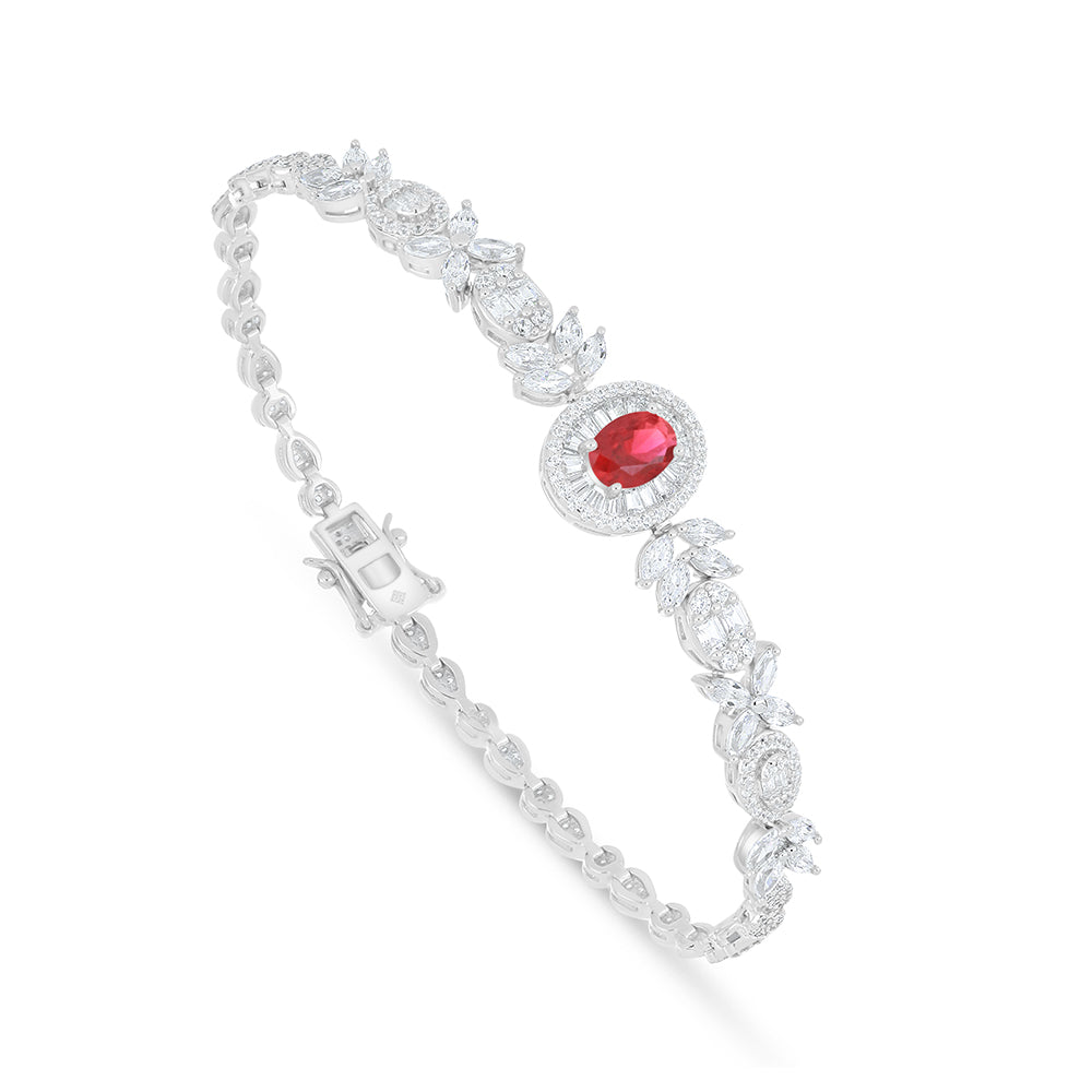 Sterling Silver 925 Set Rhodium Plated Embedded With Ruby Corundum And White Zircon