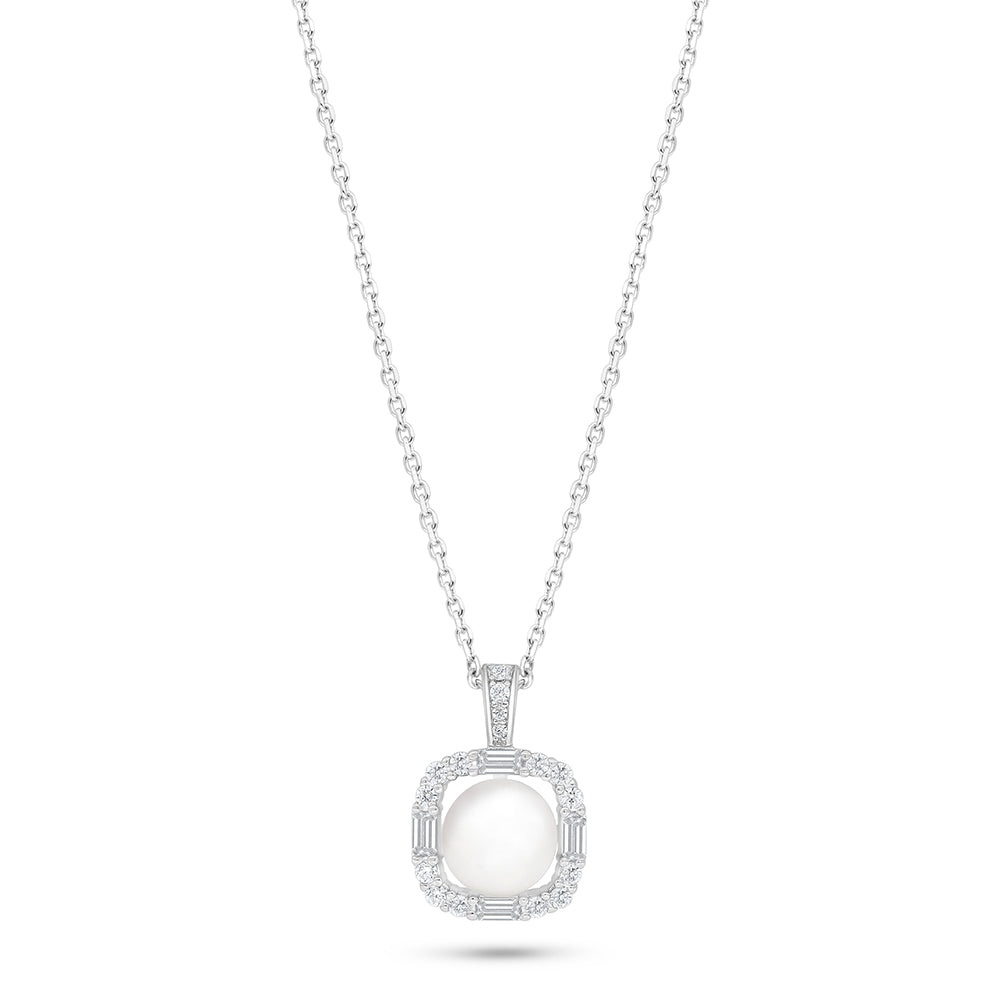 Sterling Silver 925 Necklace Rhodium Plated Embedded With Natural White Pearl And White Zircon