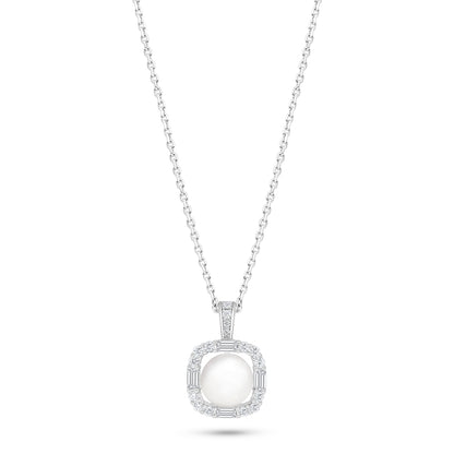 Sterling Silver 925 Necklace Rhodium Plated Embedded With Natural White Pearl And White Zircon