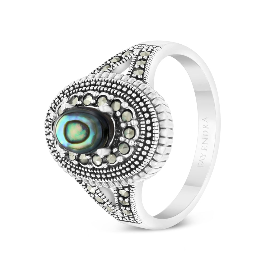 Sterling Silver 925 Ring Embedded With Natural Blue Shell And Marcasite Stones