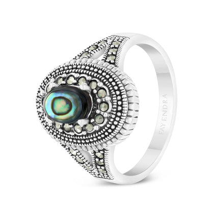 Sterling Silver 925 Ring Embedded With Natural Blue Shell And Marcasite Stones