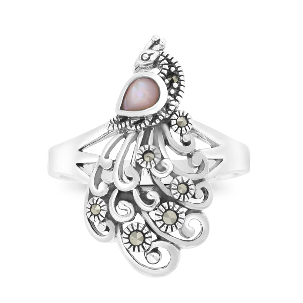 Sterling Silver 925 Ring Embedded With Natural Pink Shell And Marcasite Stones