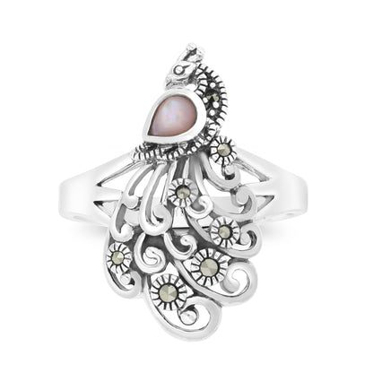 Sterling Silver 925 Ring Embedded With Natural Pink Shell And Marcasite Stones