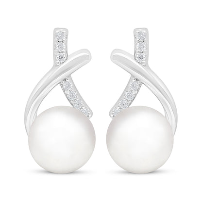 Sterling Silver 925 Earring Rhodium Plated Embedded With Natural White Pearl And White Zircon