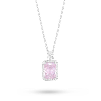 Sterling Silver 925 Necklace Rhodium Plated Embedded With Pink Zircon And White Zircon