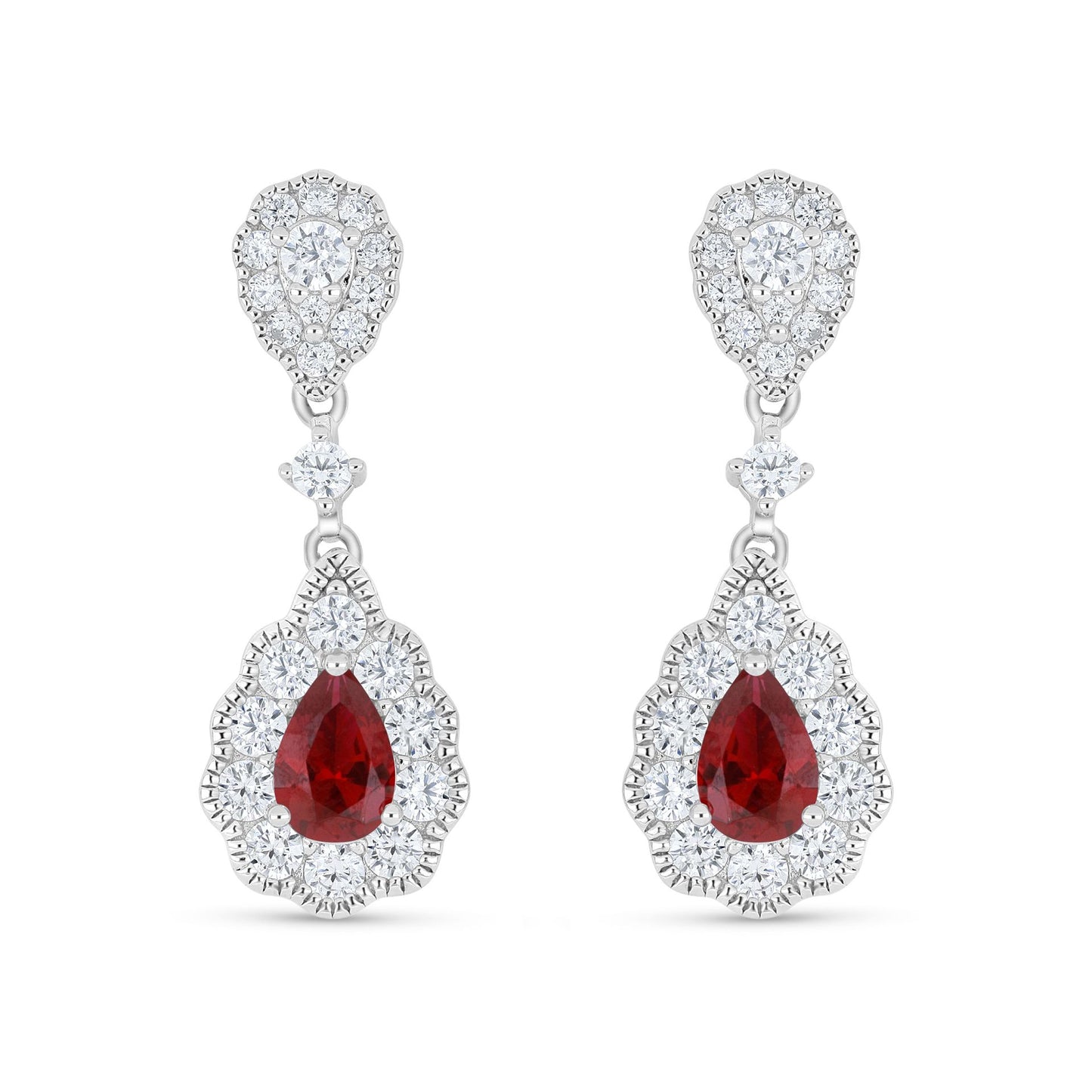Sterling Silver 925 Earring Rhodium Plated Embedded With Ruby Corundum And White Zircon