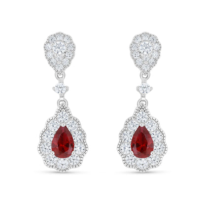 Sterling Silver 925 Earring Rhodium Plated Embedded With Ruby Corundum And White Zircon