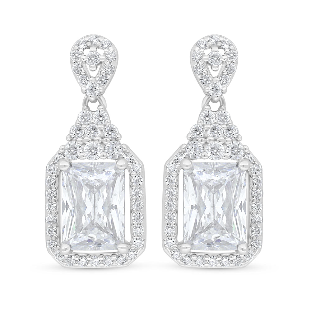 Sterling Silver 925 Earring Rhodium Plated Embedded With White Zircon
