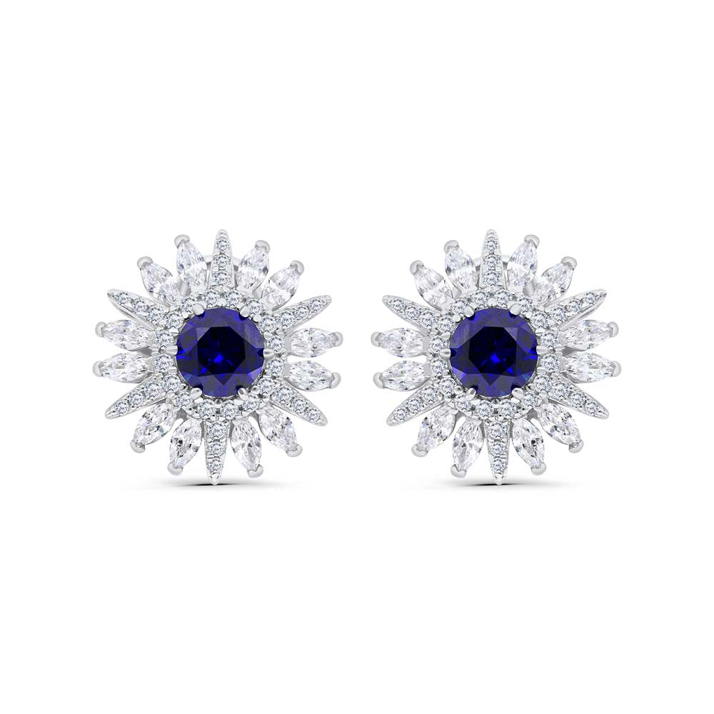 Sterling Silver 925 Earring Rhodium Plated Embedded With Sapphire Corundum And White Zircon