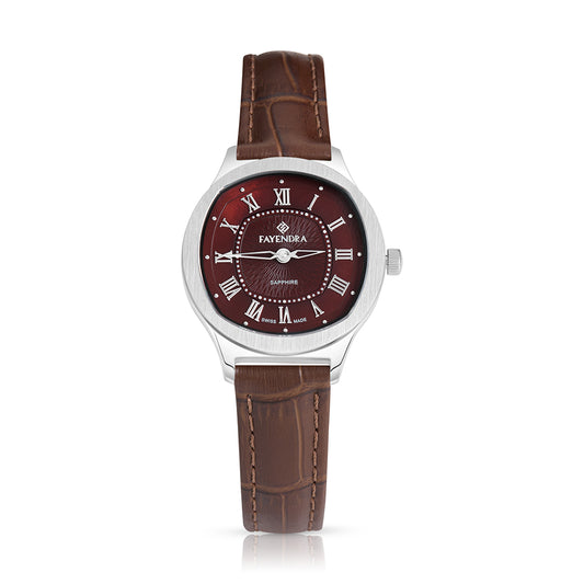 ساعة ستانلس ستيل عيار  L316 بلون فضي جلد بني - مينا حجر صدف ام اللالئ البني