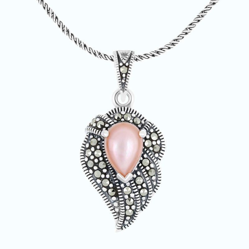 Sterling Silver 925 Pendant Embedded With Natural Pink Shell And Marcasite Stones