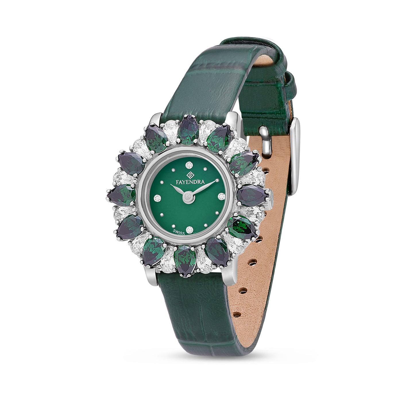 Stainless Steel 316 Watch Silver Color Green Leather Embedded With Emerald Zircon And White Zircon - GREEN MOP DIAL