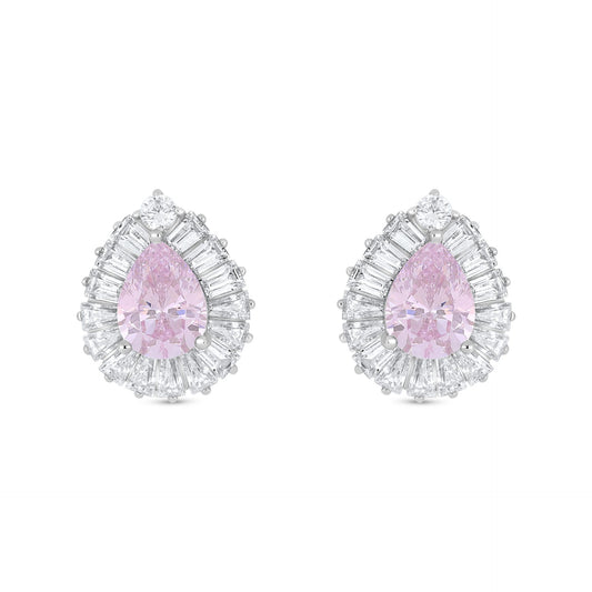 Sterling Silver 925 Earring Rhodium Plated Embedded With Pink Zircon And White Zircon