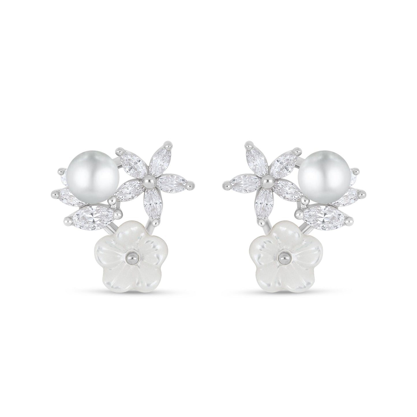 Sterling Silver 925 Earring Rhodium Plated Embedded With Natural White Pearl And White Shell