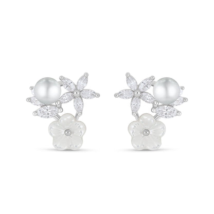 Sterling Silver 925 Earring Rhodium Plated Embedded With Natural White Pearl And White Shell