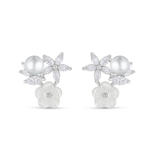 Sterling Silver 925 Earring Rhodium Plated Embedded With Natural White Pearl And White Shell