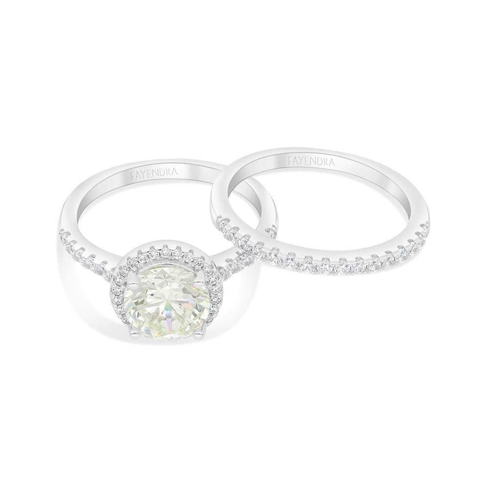 Sterling Silver 925 Ring (Twins) Rhodium Plated  Embedded With Yellow Diamond And White Zircon