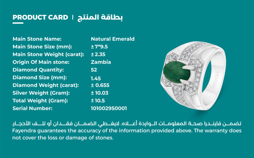Sterling Silver 925 Men Ring Rhodium Plated Embedded With Natural Emerald And Natural Diamond (CVD)