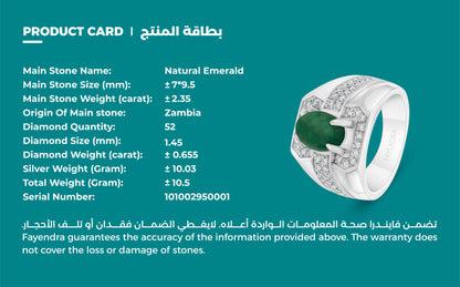 Sterling Silver 925 Men Ring Rhodium Plated Embedded With Natural Emerald And Natural Diamond (CVD)