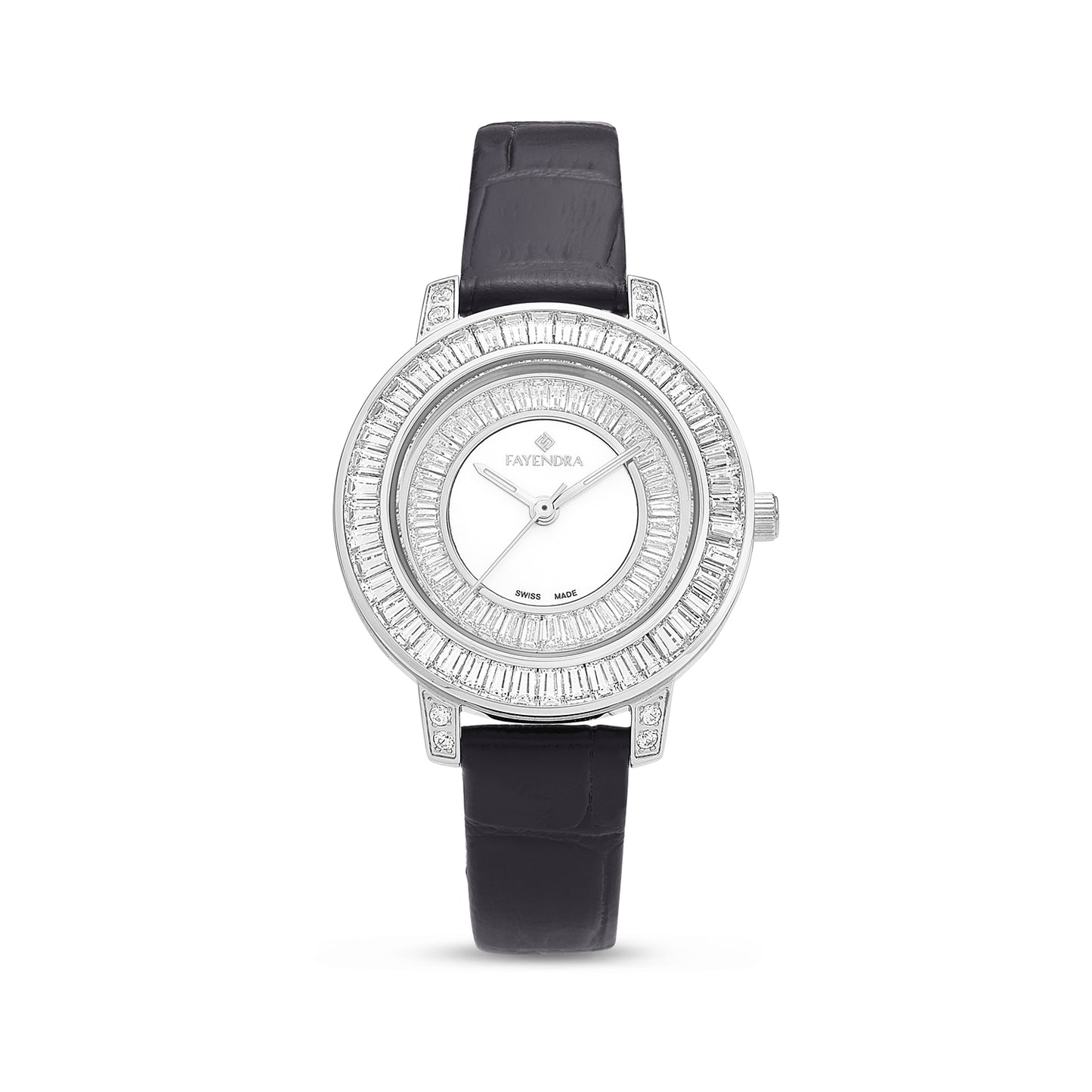 Stainless Steel 316L Watch Silver Color Black Leather Embedded With White Zircon - WHITE MOP DIAL