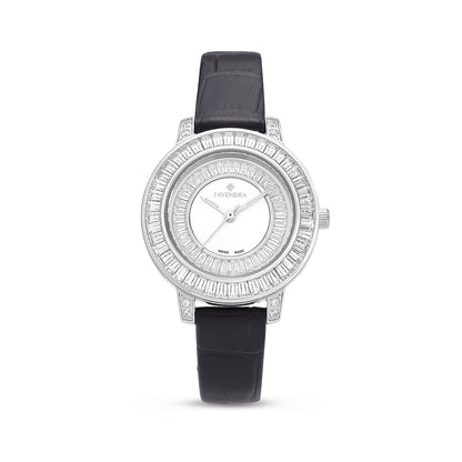 Stainless Steel 316L Watch Silver Color Black Leather Embedded With White Zircon - WHITE MOP DIAL