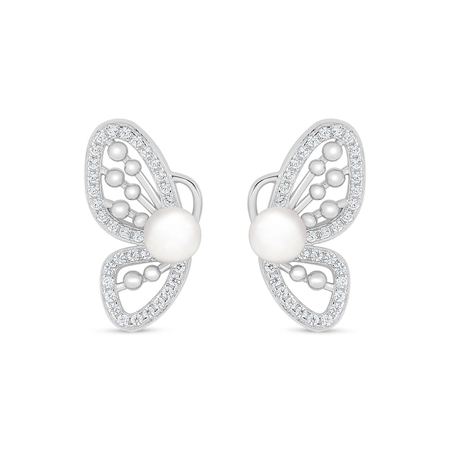 Sterling Silver 925 Earring Rhodium Plated Embedded With Natural White Pearl And White Zircon