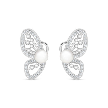 Sterling Silver 925 Earring Rhodium Plated Embedded With Natural White Pearl And White Zircon