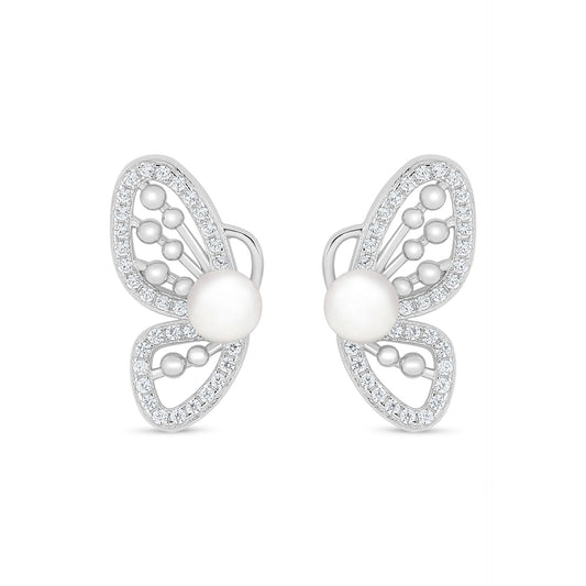 Sterling Silver 925 Earring Rhodium Plated Embedded With Natural White Pearl And White Zircon